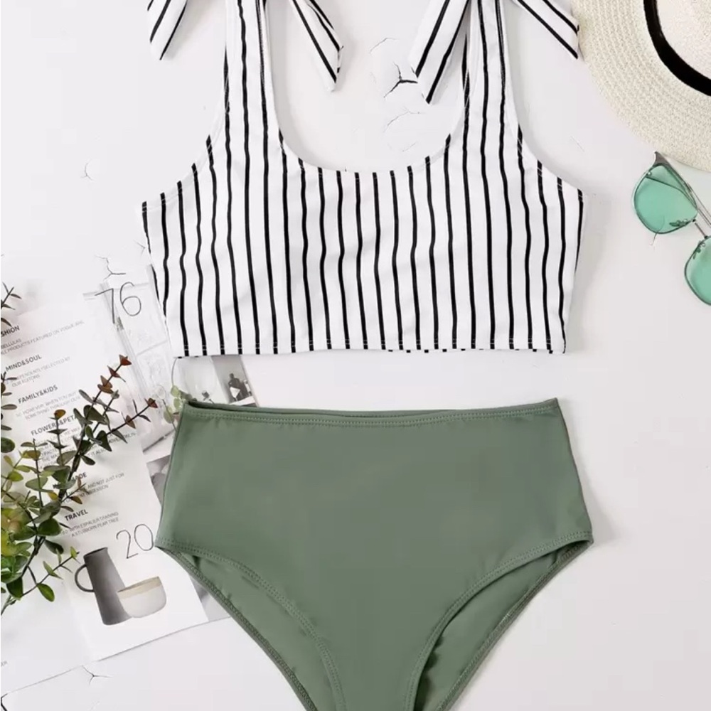 Striped Bikini Top and Green Bottoms M
